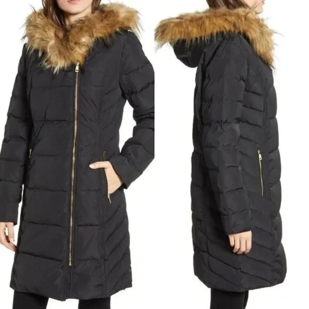 Cole Haan Women Sz S Black Down Fill Quilted‎ Puffer Jacket Faux Fur Hood
